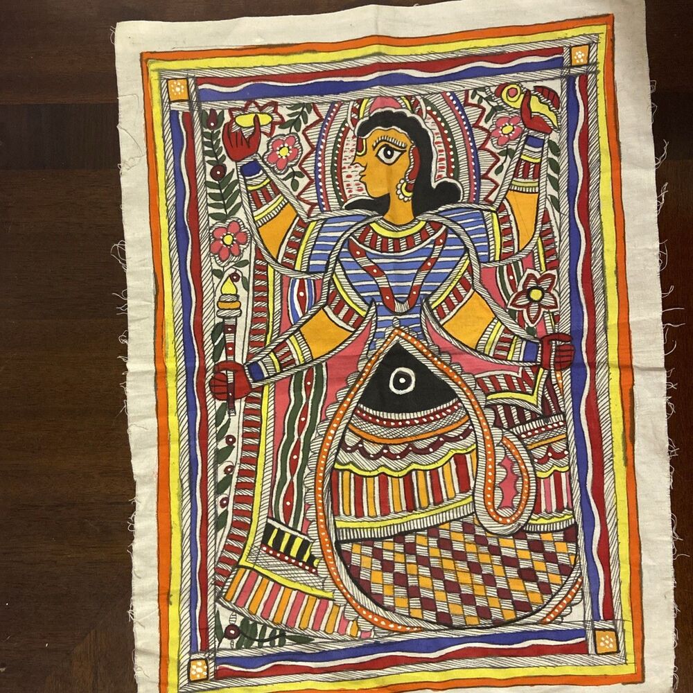 Madhubani Painting Fabric 17x13 Indian Mithila Folk Art Goddess Durga Handpaint